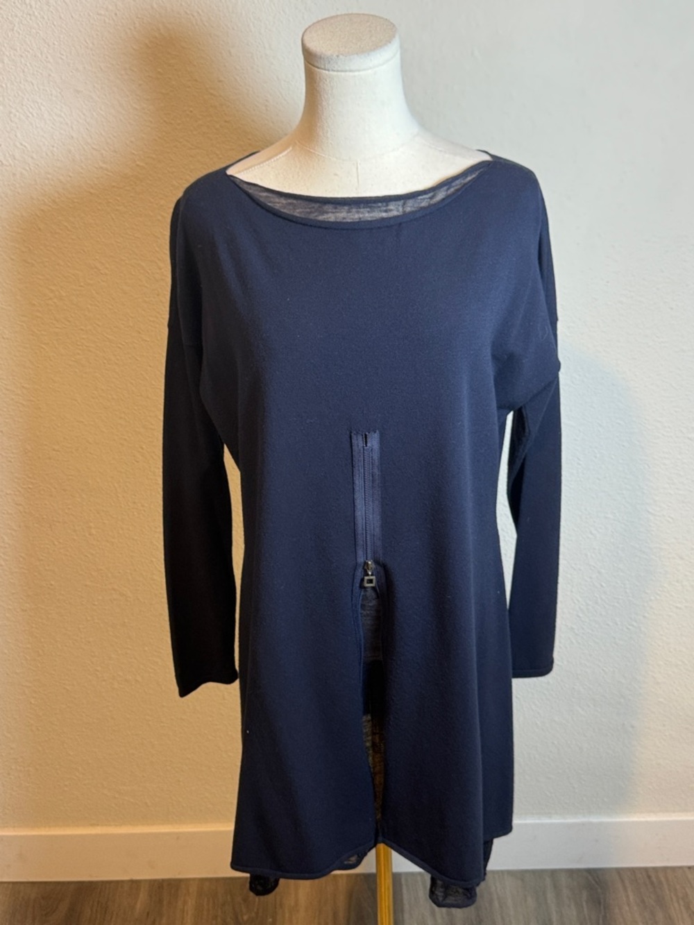 Sarah Pacini Navy Knit Long Sleeve Zip-Front Tunic One Size